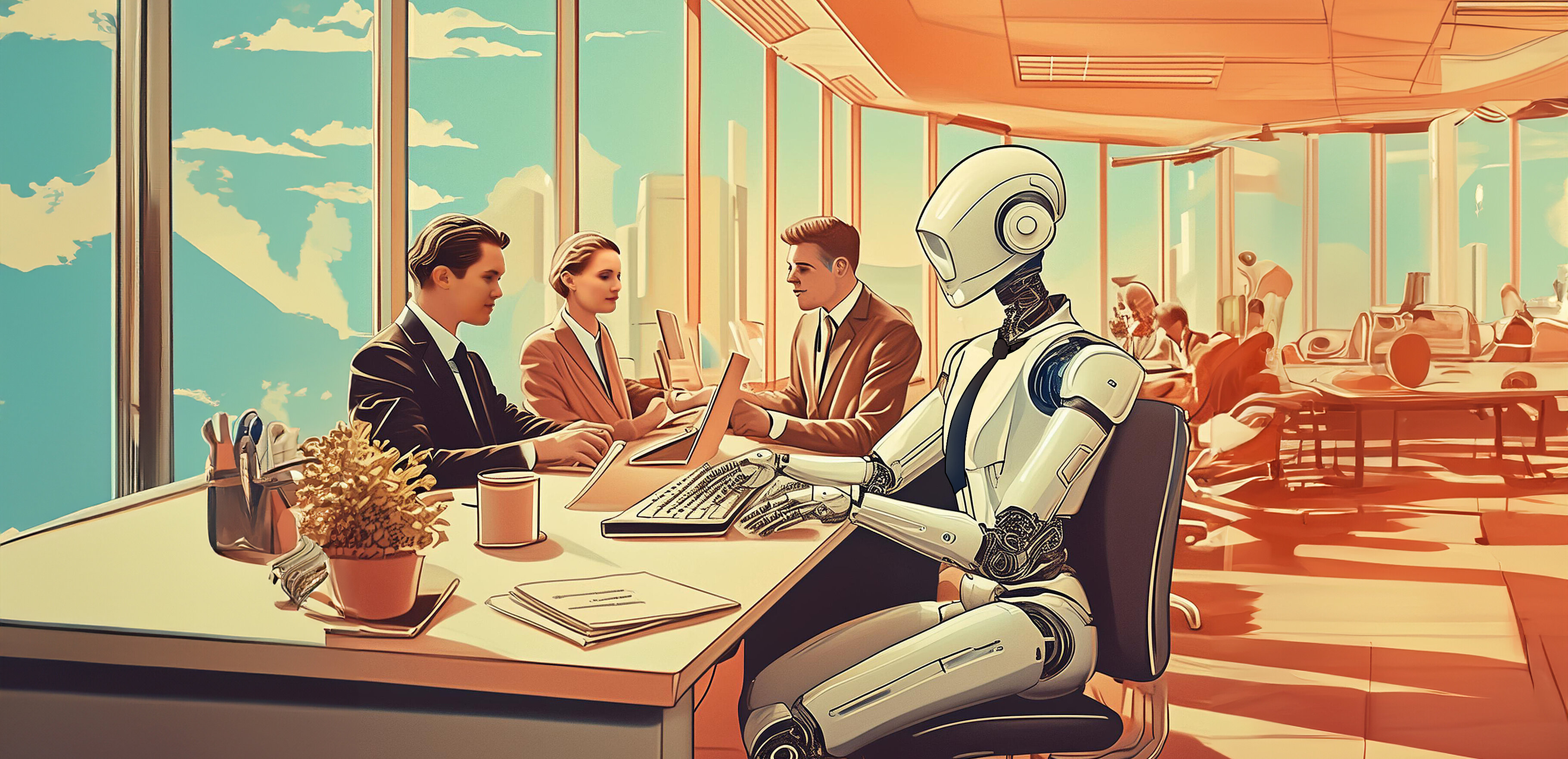 KI Roboter sitzt im Büro